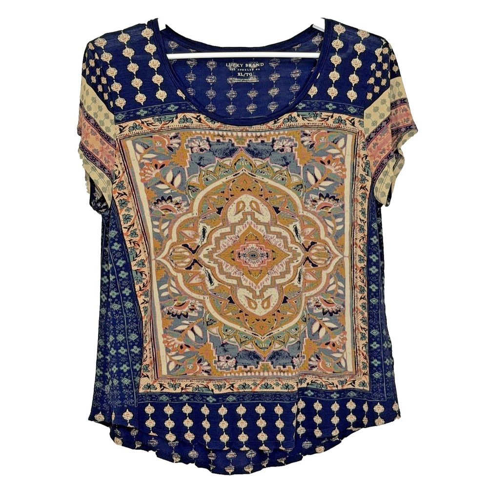 Lucky Brand Pullover Top Womens Size XL‎ Dark Blue Print Short Sleeve Scoop Neck